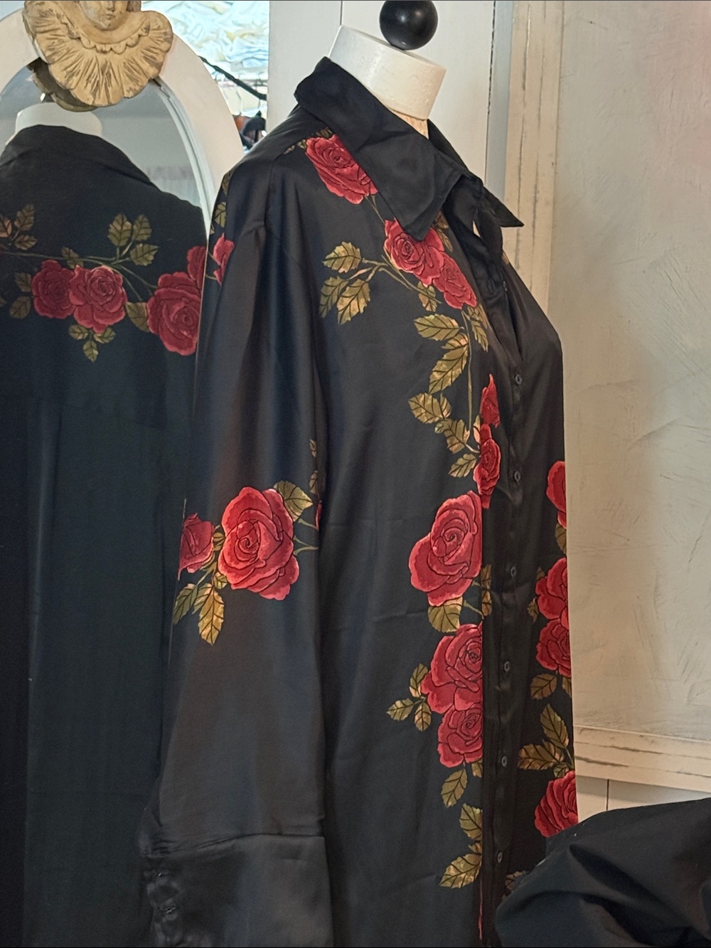 Free People Black Satin Floral Button-Up Coat dress blouse with Red Rose Print